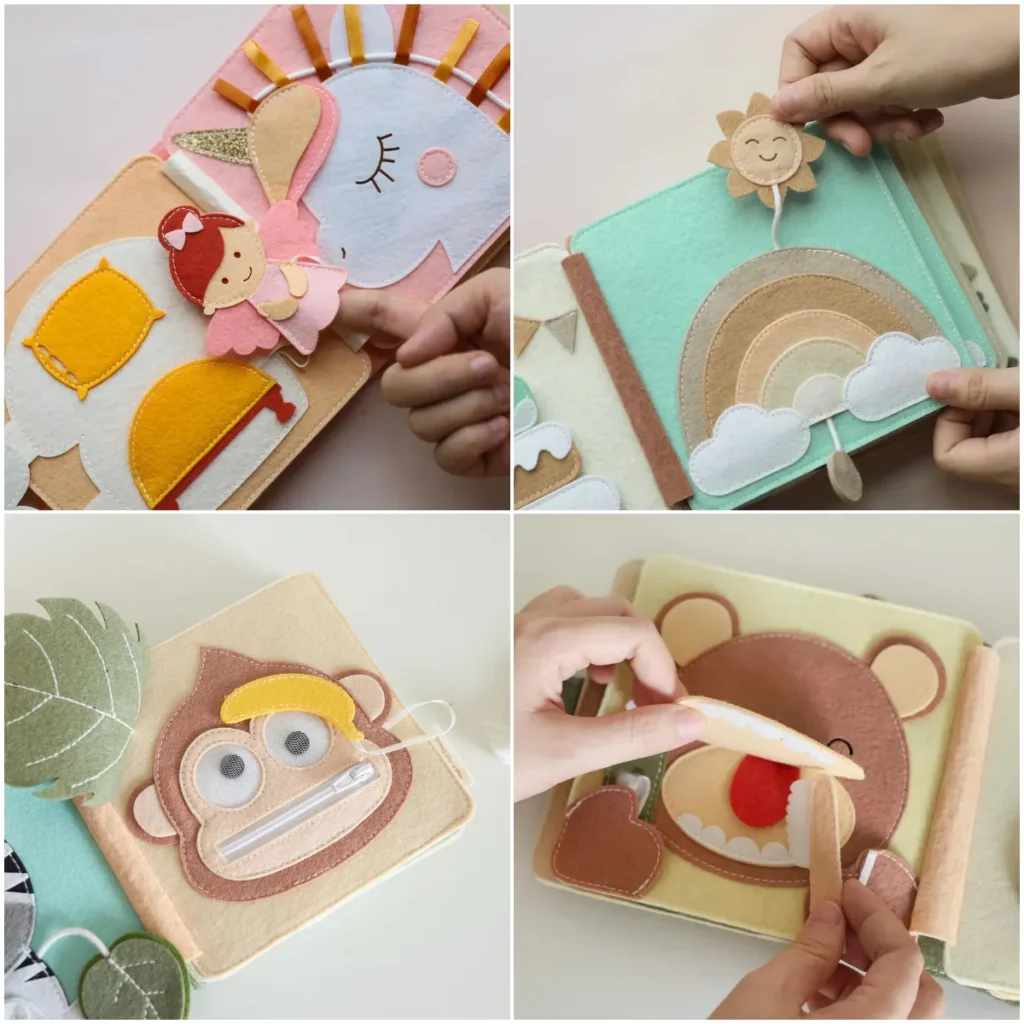 A 2x2 collage of inside pages from a personalized felt quiet book: fairy, bear, monkey, rainbow